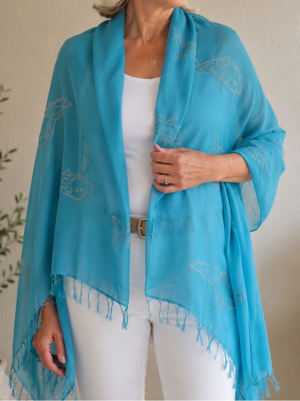 Teal Blue Large Sarong Wrap Dolphin Embroidered Scarf